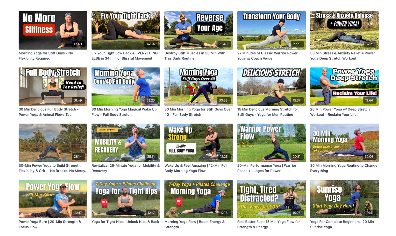 A selection of on-demand yoga, Pilates, mobility and strength workouts available with SVF+